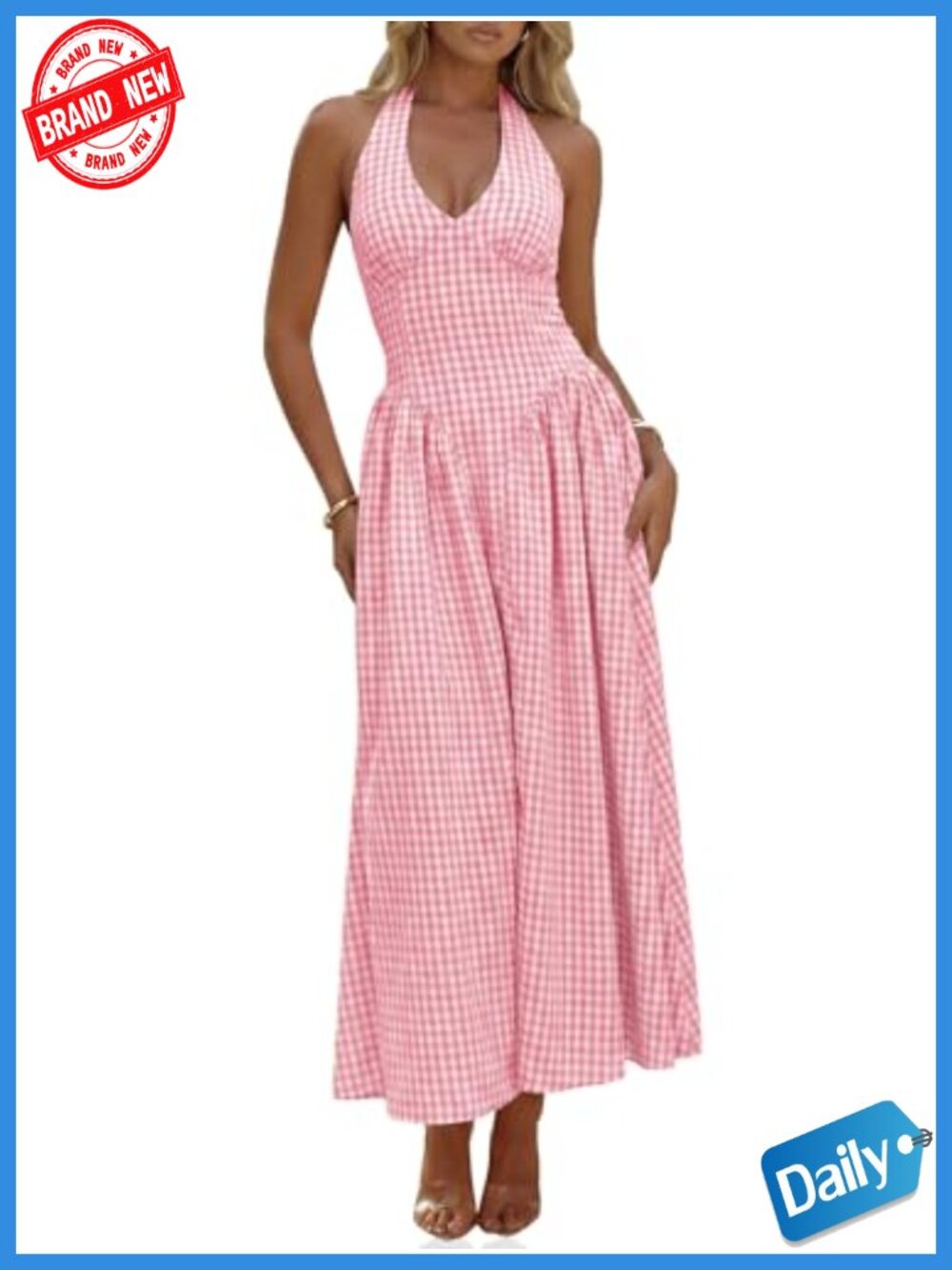 Wenrine Womens Halter V Neck Corset Maxi Dress Summer Plaid Smocked Tie Back - Picture 1 of 6
